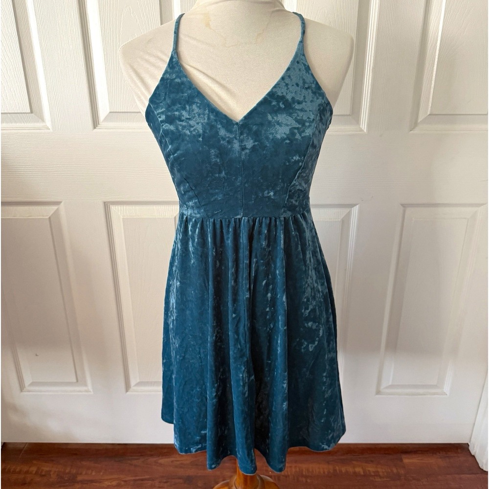 Wild Fable Teal Crushed Velvet Skater Mini Dress S Cross Back Holiday Party